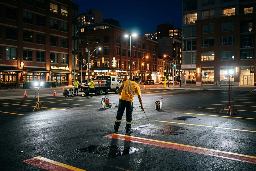 Oil-spot prep before restriping a King West restaurant parking lot