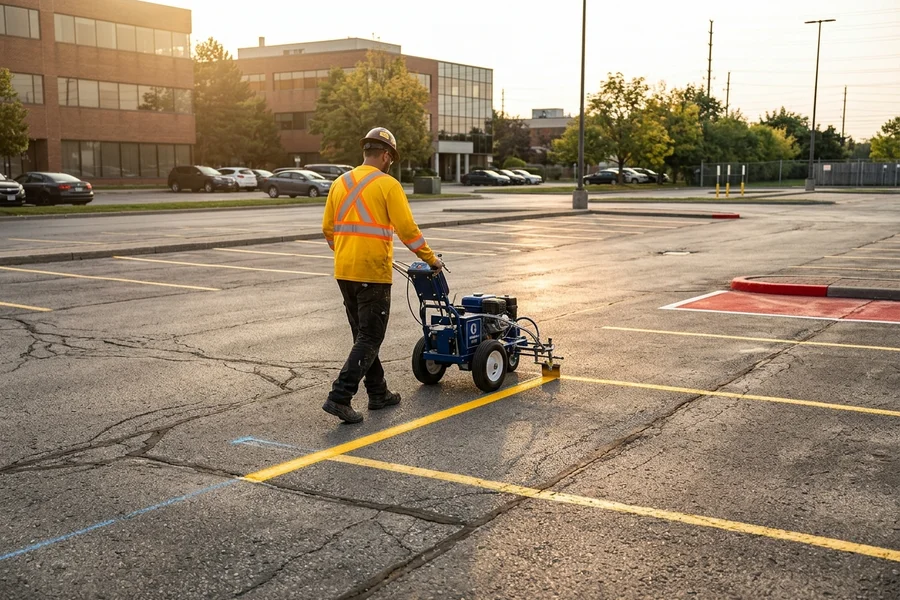 Line painter running a Graco LineLazer 3900 along a chalk line in a Toronto parking lot