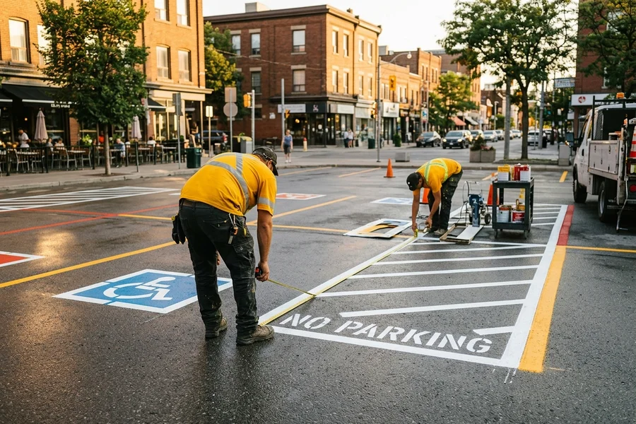 Measuring an accessible stall and access aisle at a Little Italy plaza