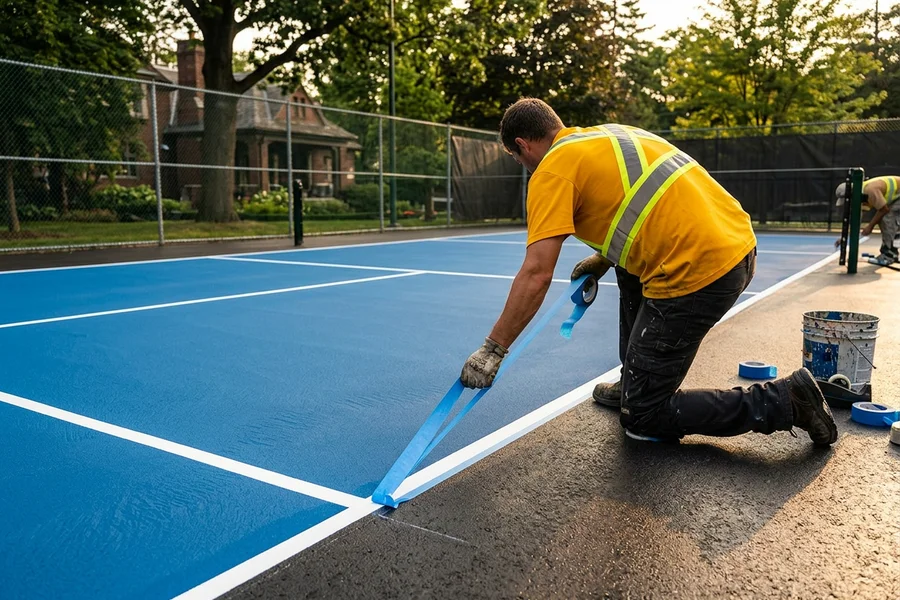 Crisp kitchen line edge on a Rosedale pickleball court
