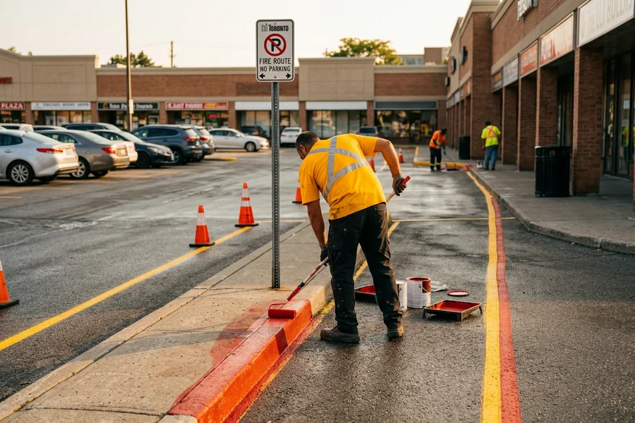Safety red curb coating on a Leaside fire route