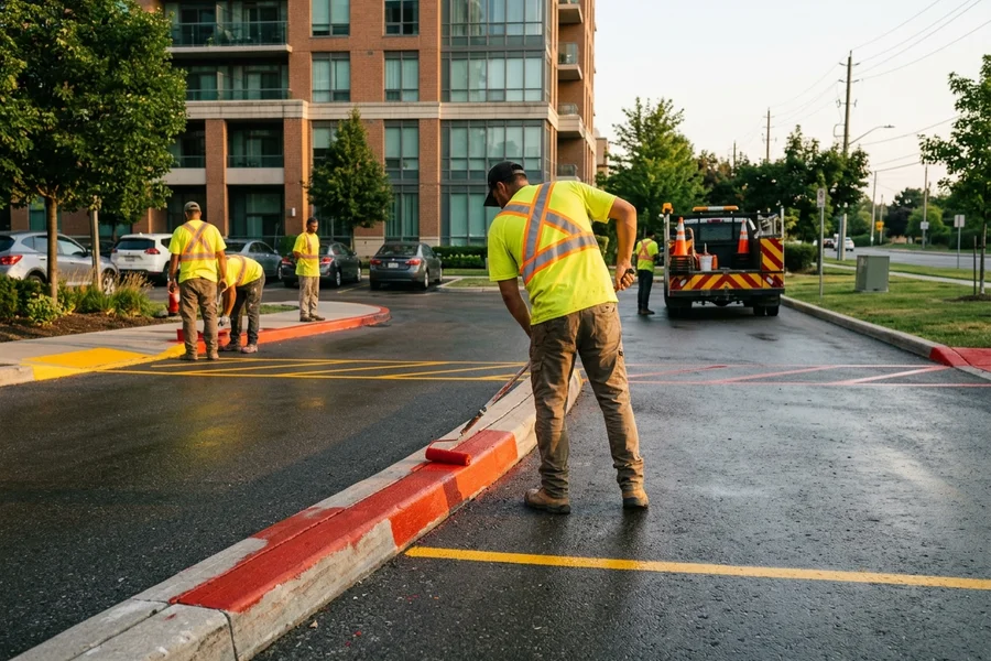 Red fire route curb painting at an Etobicoke condo driveway