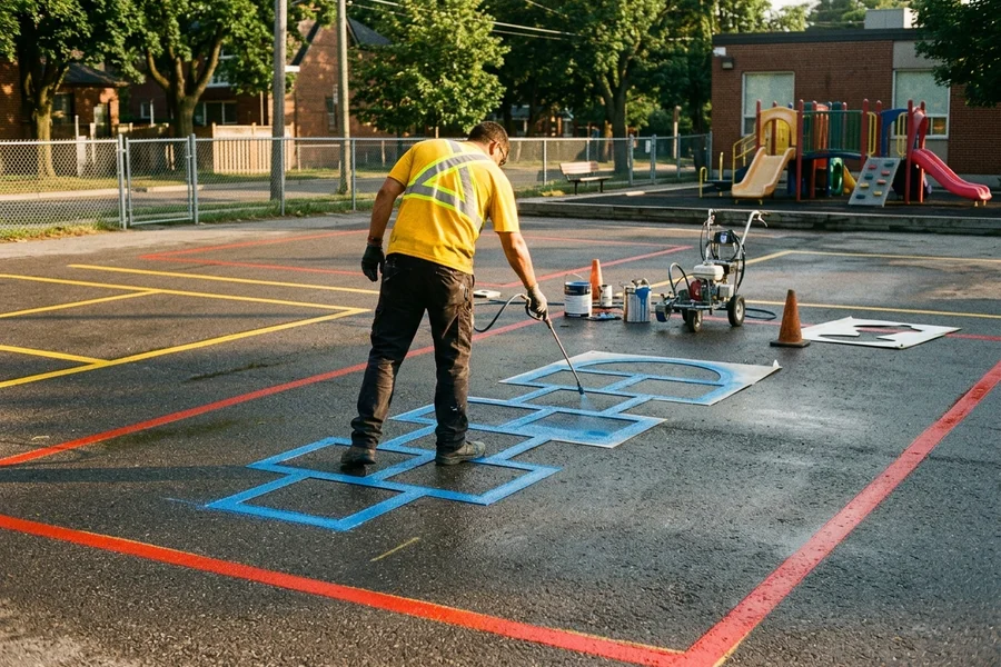 Hopscotch stencil being painted at a Beaches daycare playground