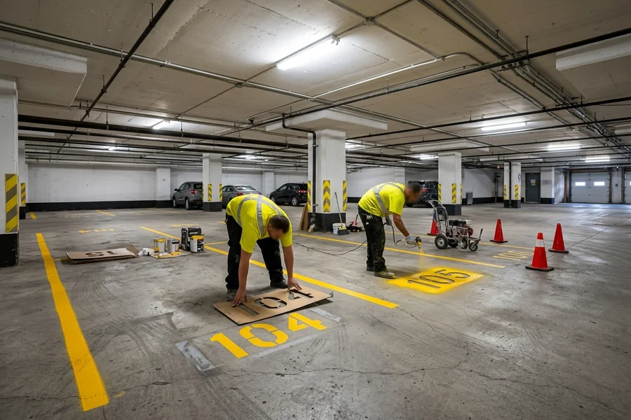 Stall numbering stencils being painted in a Liberty Village condo garage