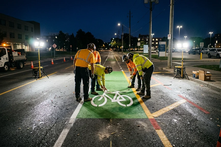 Preformed tape bicycle symbol installation at night in Toronto