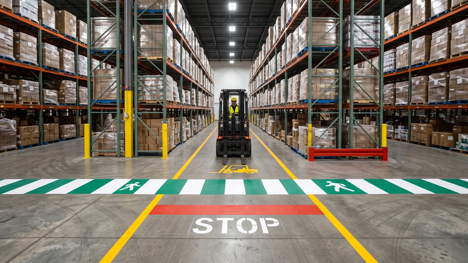 Forklift lane safety marking in Toronto: forklift inside a fresh yellow lane with stop bars