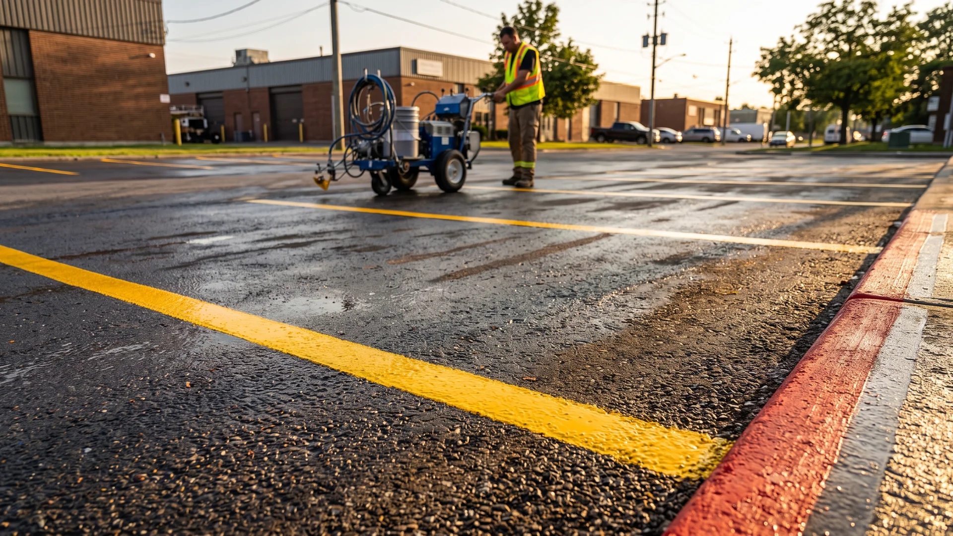 Fresh yellow parking stall lines on wet asphalt with a Graco LineLazer rig in a Toronto commercial lot