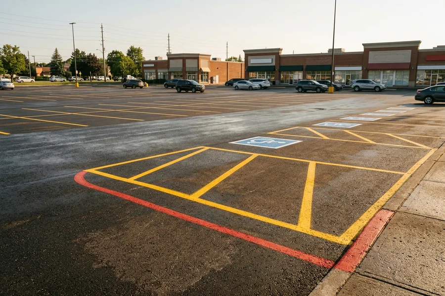 Freshly restriped commercial parking lot in Brampton
