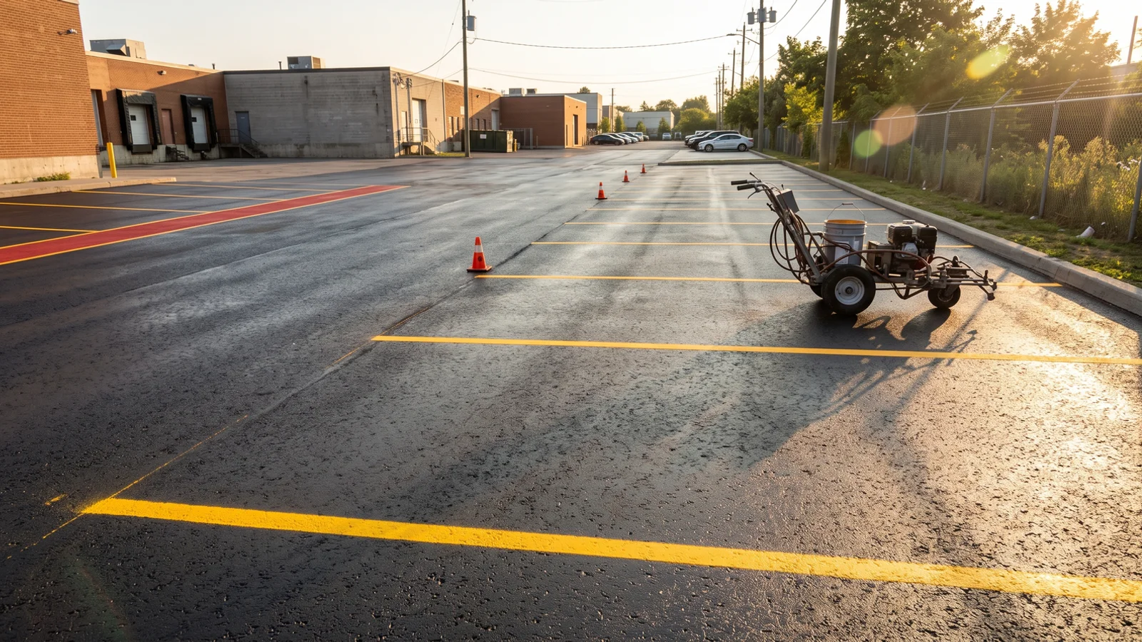 Freshly restriped parking lot in Toronto with crisp yellow stall lines and a Graco LineLazer striper