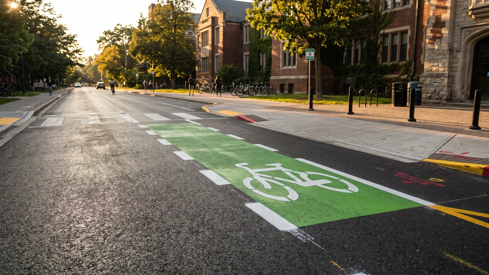 Bike lane painting in Toronto: green conflict zone and bicycle symbol