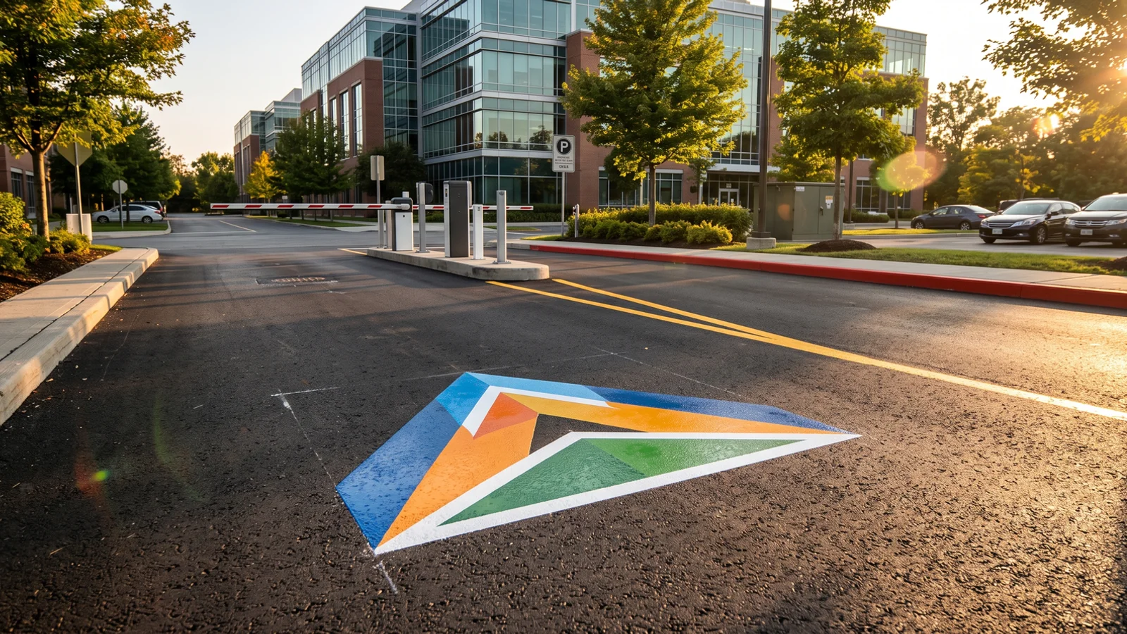 Custom pavement logo painting in Toronto at an office campus entrance