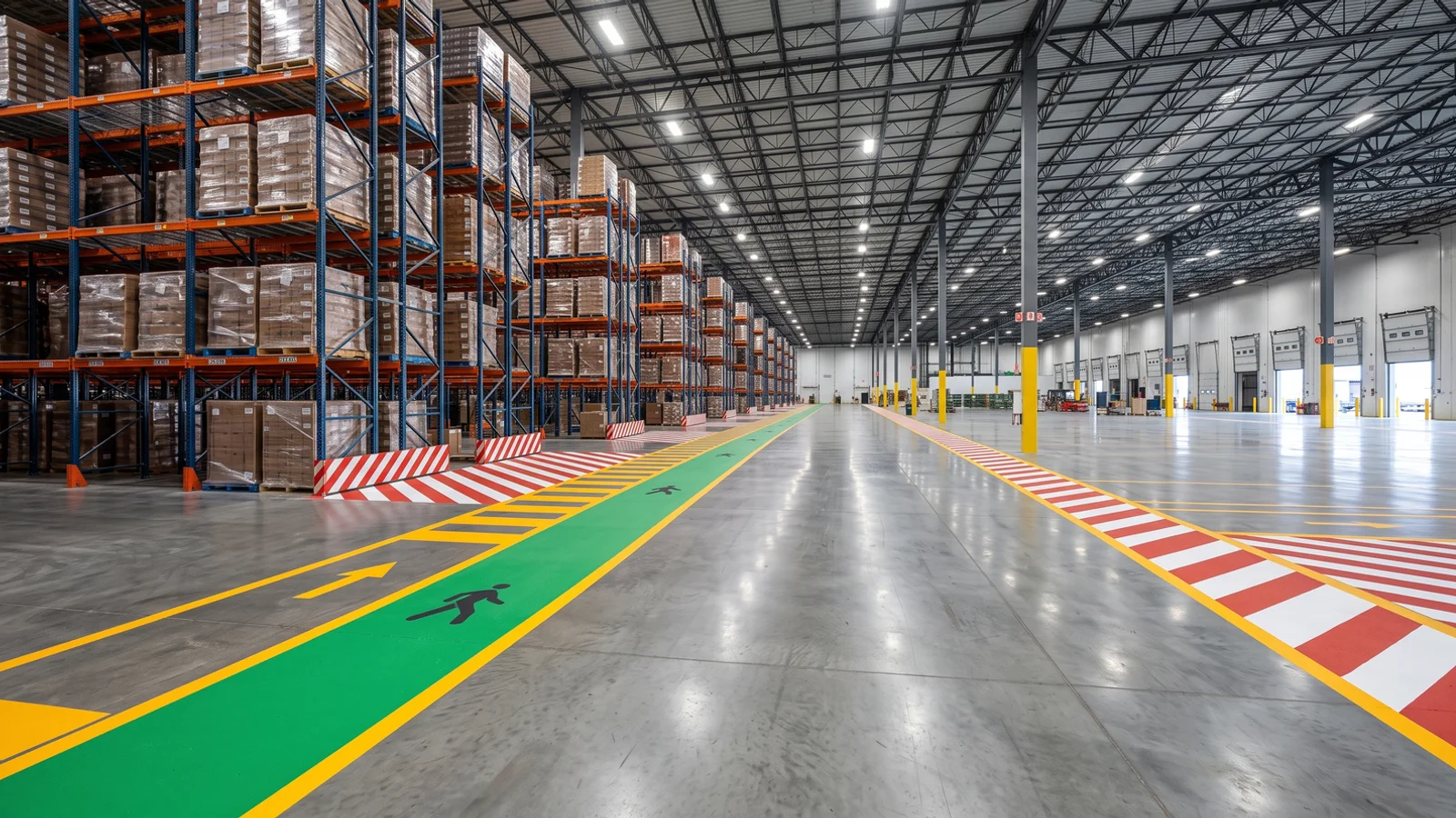 Warehouse line painting in Toronto: yellow forklift lanes and pedestrian walkways in a distribution centre