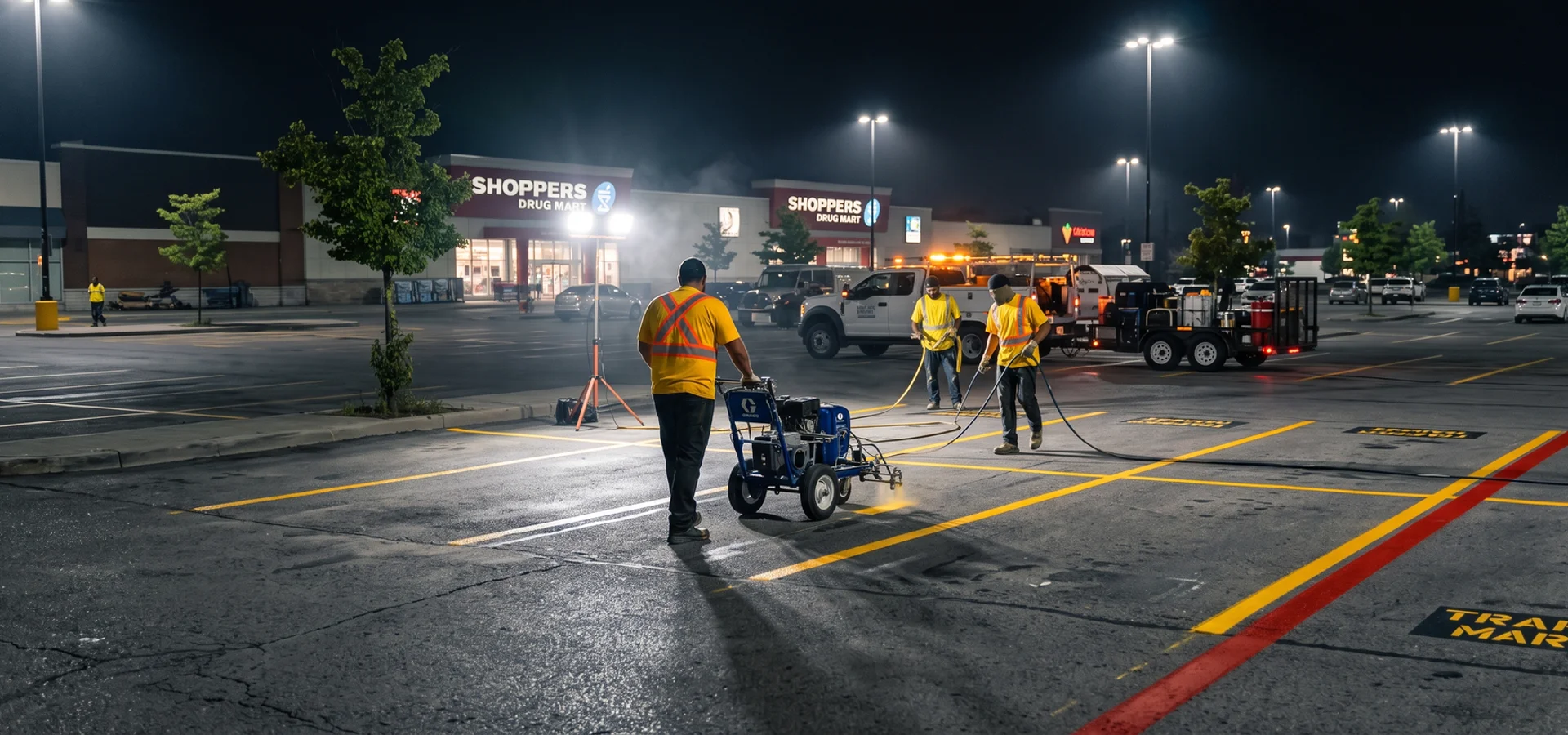 Line painting crew restriping a Toronto plaza parking lot overnight with Graco LineLazer rigs