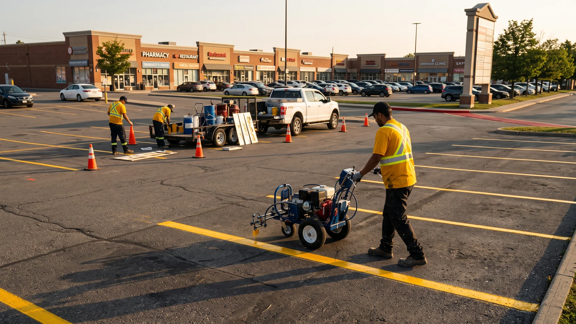 Line painting crew restriping a commercial lot in Brampton