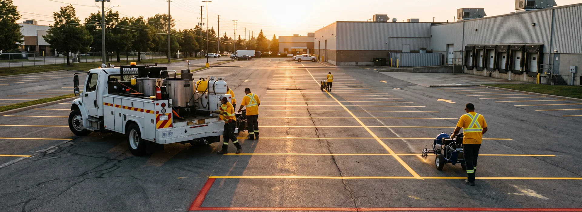 Line painting crew with Graco LineLazer rigs and a thermoplastic kettle truck in Toronto