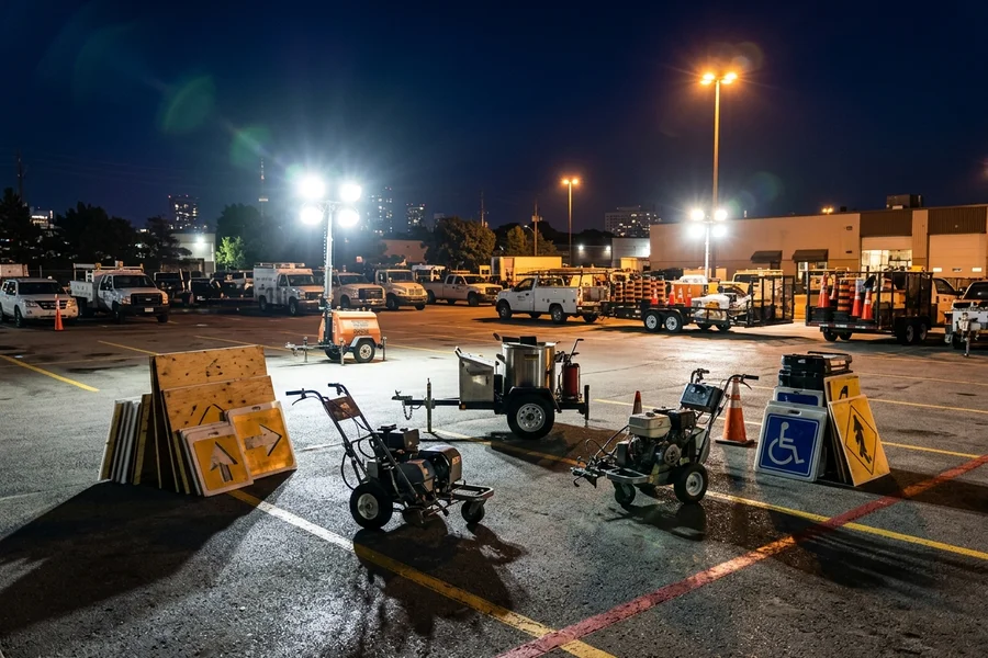Graco LineLazer rigs, thermoplastic kettle and stencil kits ready for a night shift