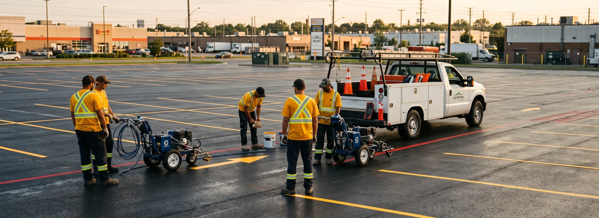 Line Painting Toronto crew beside Graco LineLazer rigs and a work truck