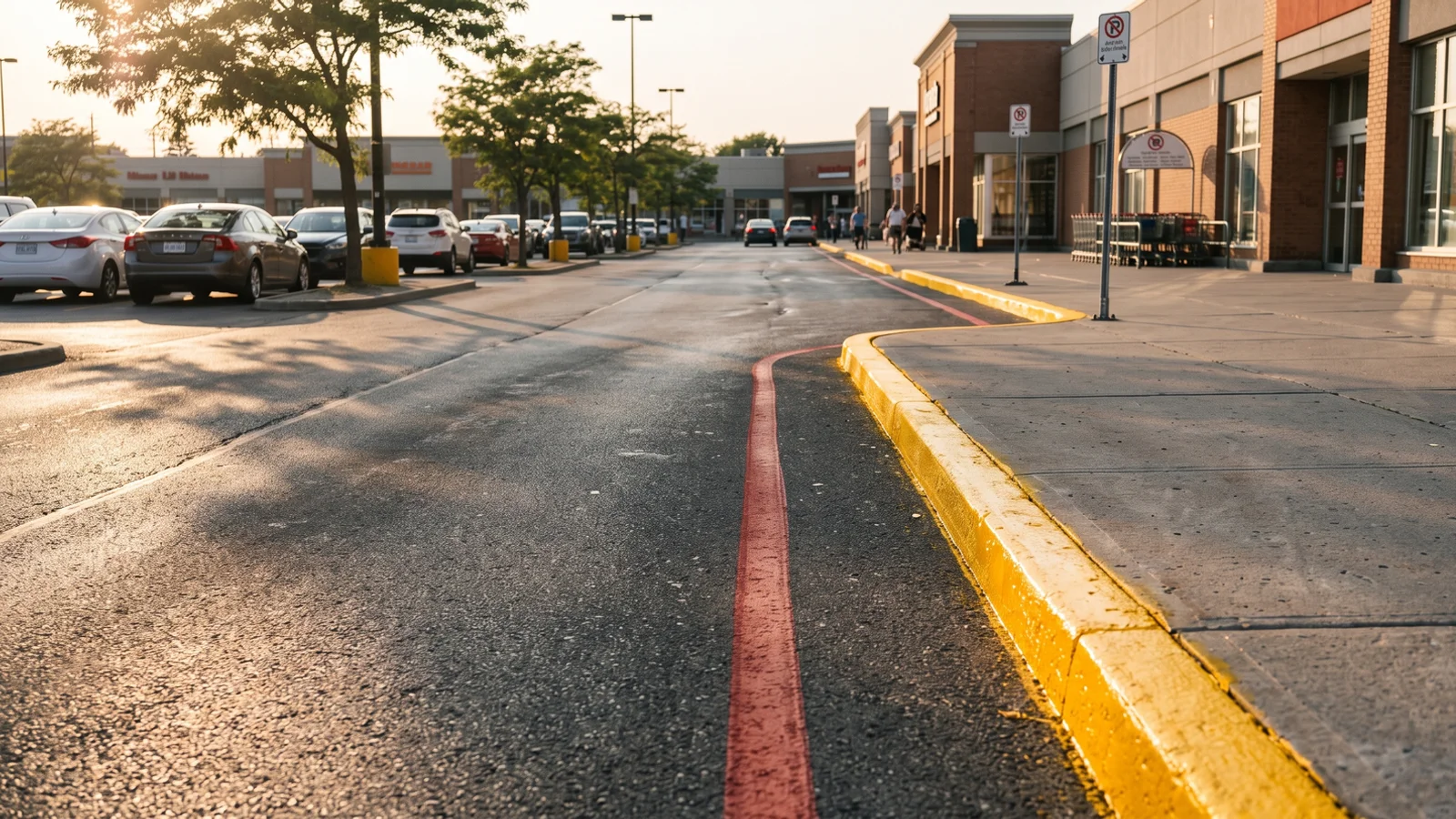 Curb painting in Toronto: freshly painted yellow no-parking curbs at a plaza