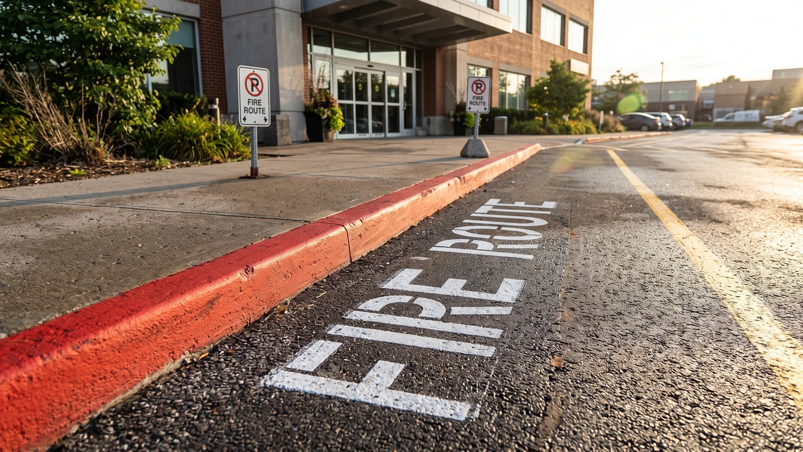 Fire route marking in Toronto: red curb and FIRE ROUTE lettering at a commercial entrance