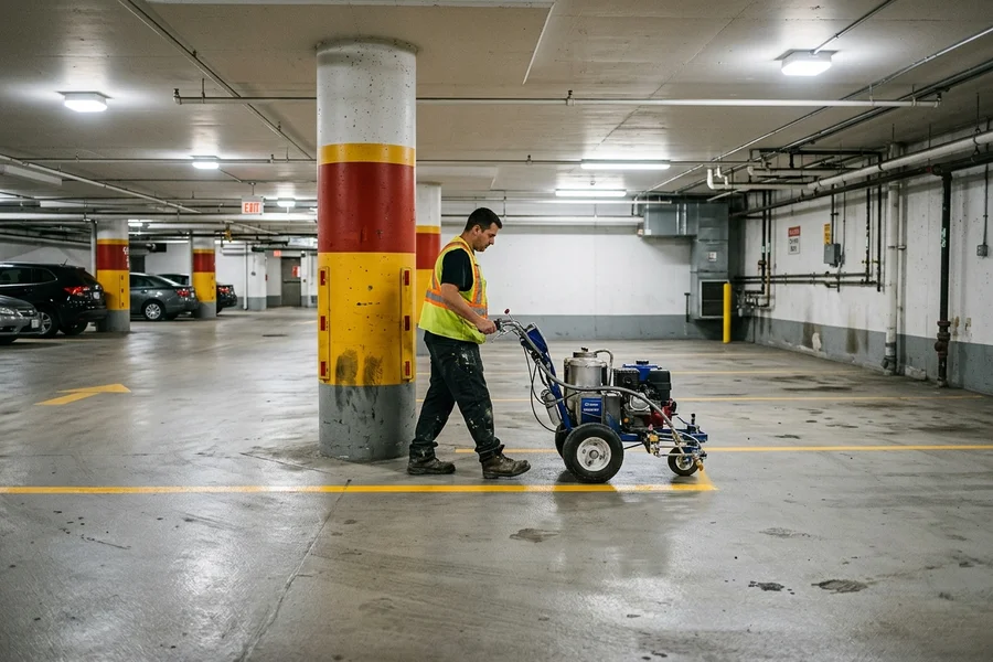 Low-clearance striper painting stalls in a Yonge and Eglinton underground garage