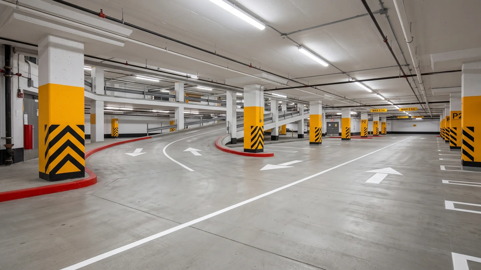 Parking garage line painting in Toronto: column chevrons and fresh stalls on a concrete deck