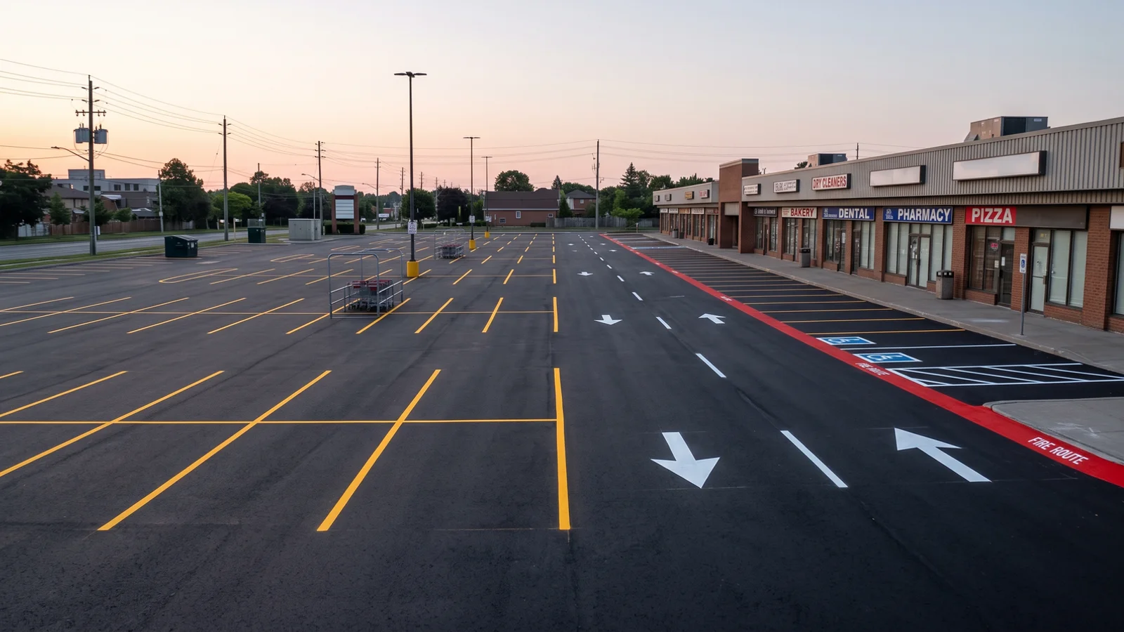Shopping plaza line painting in Toronto: freshly restriped retail plaza lot at dawn