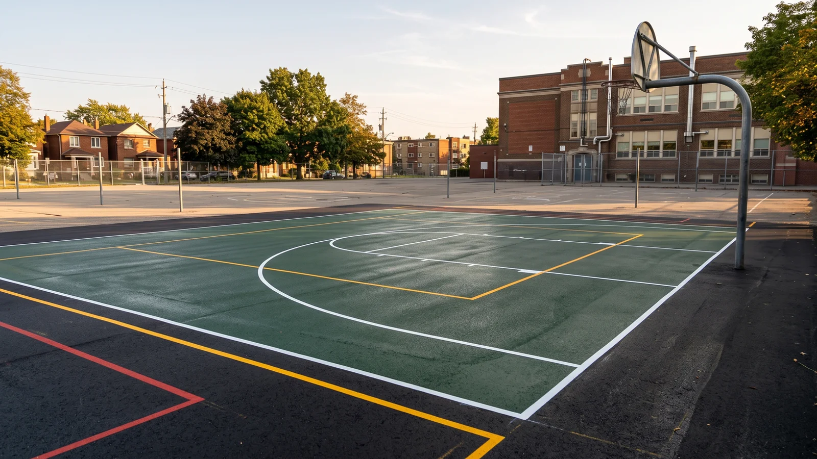 Basketball court painting in Toronto: schoolyard court with fresh key and three-point arc