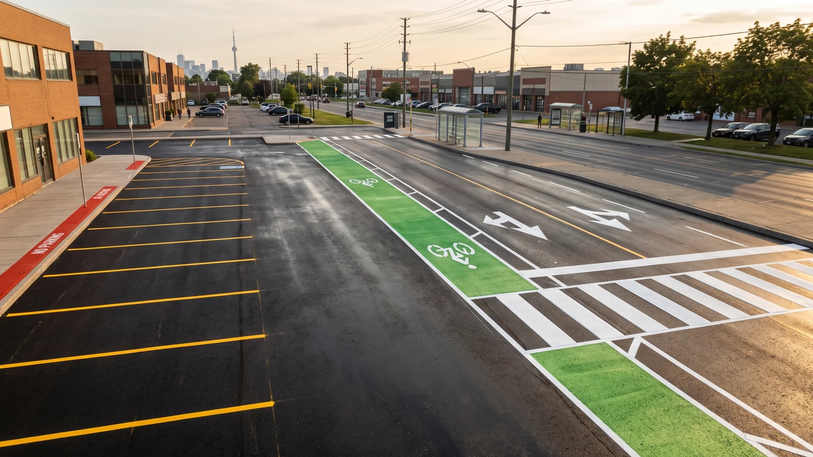 Pavement marking in Toronto: paint stalls, thermoplastic crosswalk and tape arrows on one site