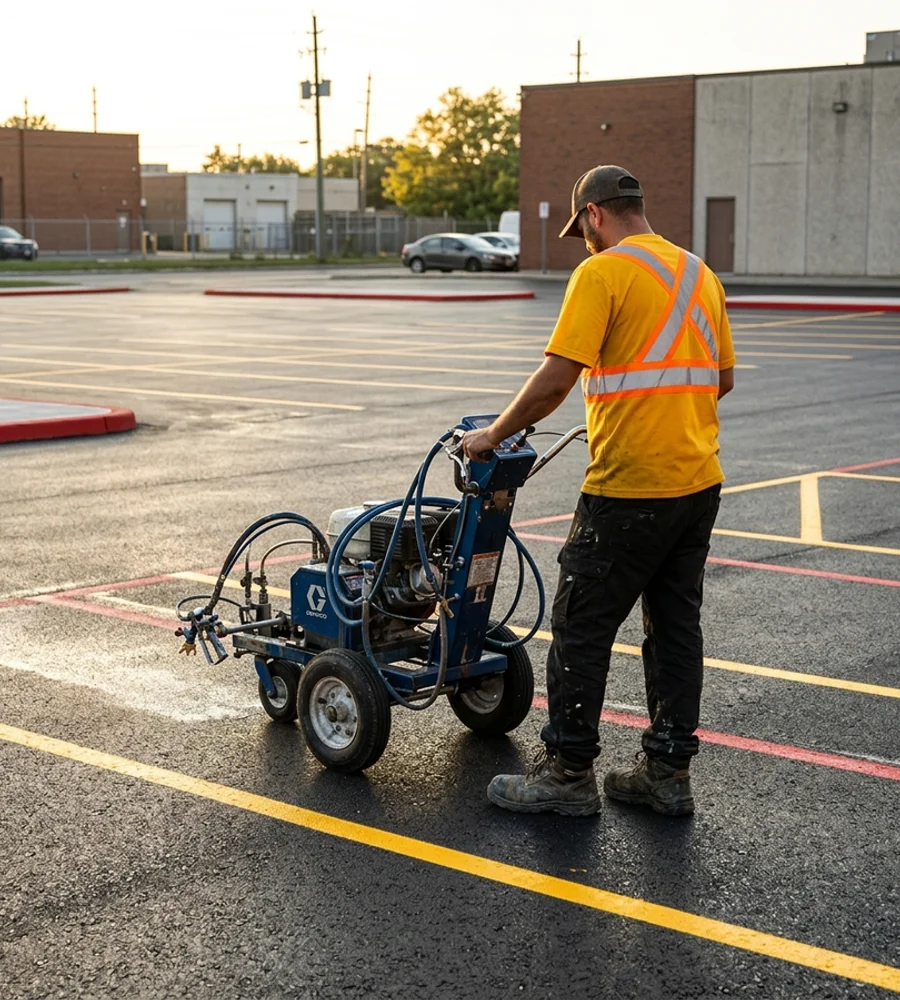 Marcus Volkov, Founder and Lead Pavement Marking Contractor, beside a Graco LineLazer striper