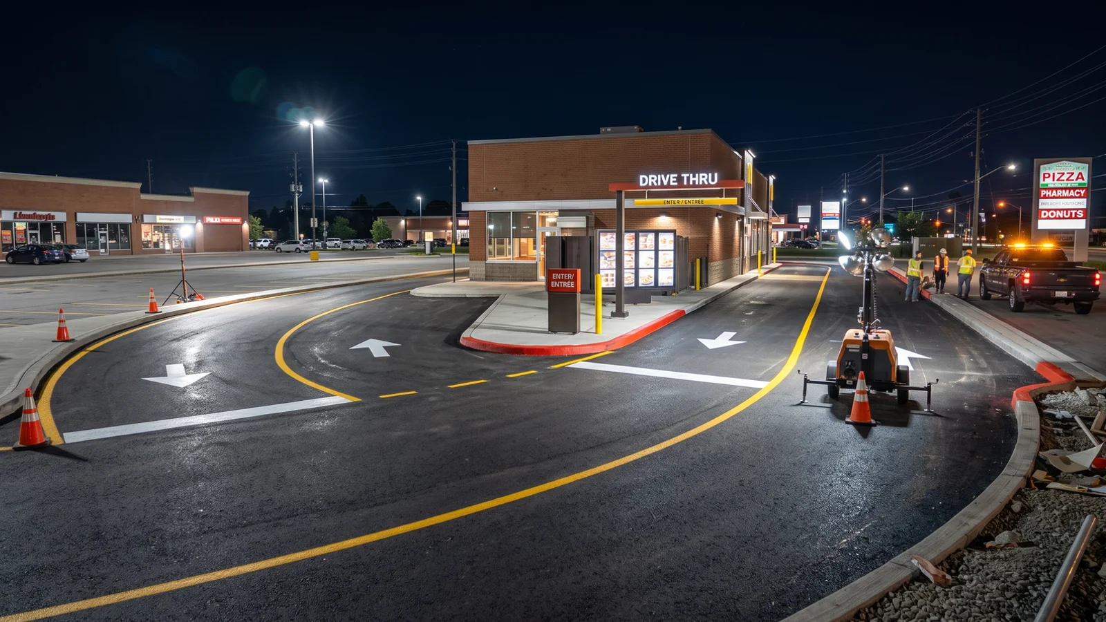Restaurant plaza restriping in Toronto: drive-thru lane with fresh arrows at night