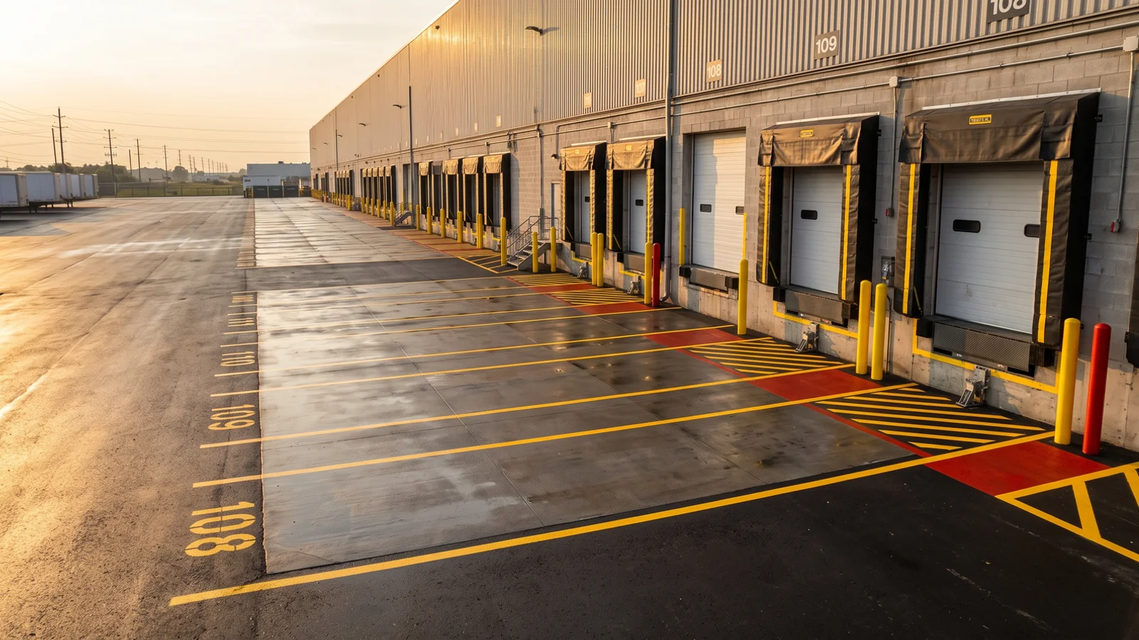 Loading dock marking in the GTA: trailer guide lines and dock numbers on a truck apron