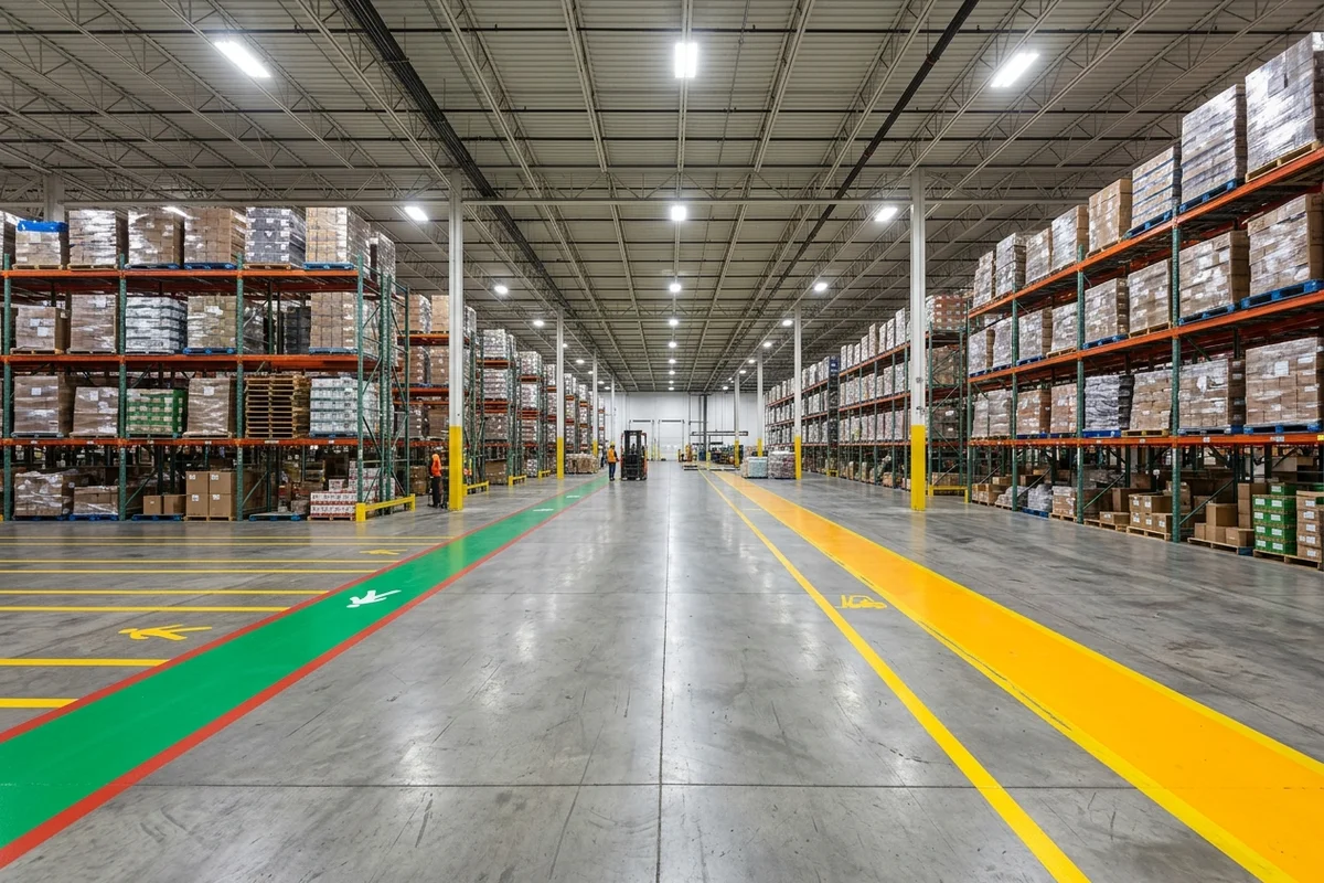 Scarborough warehouse with thermoplastic forklift lanes and walkways