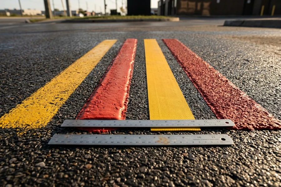 Four pavement marking materials compared side by side