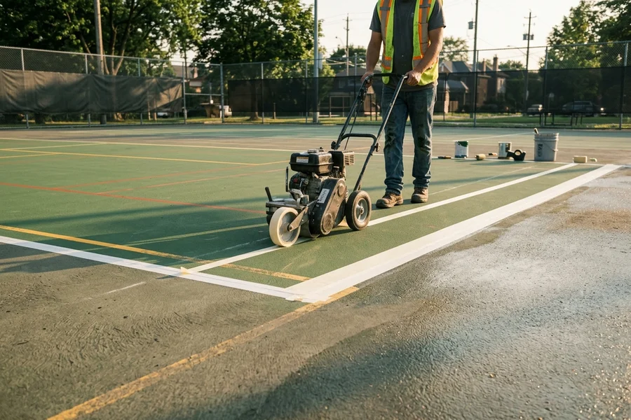 Taping machine setting a tennis baseline before painting