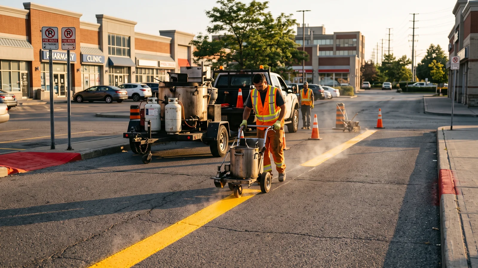 Hot-applied thermoplastic line marking being applied in Toronto with a hand liner