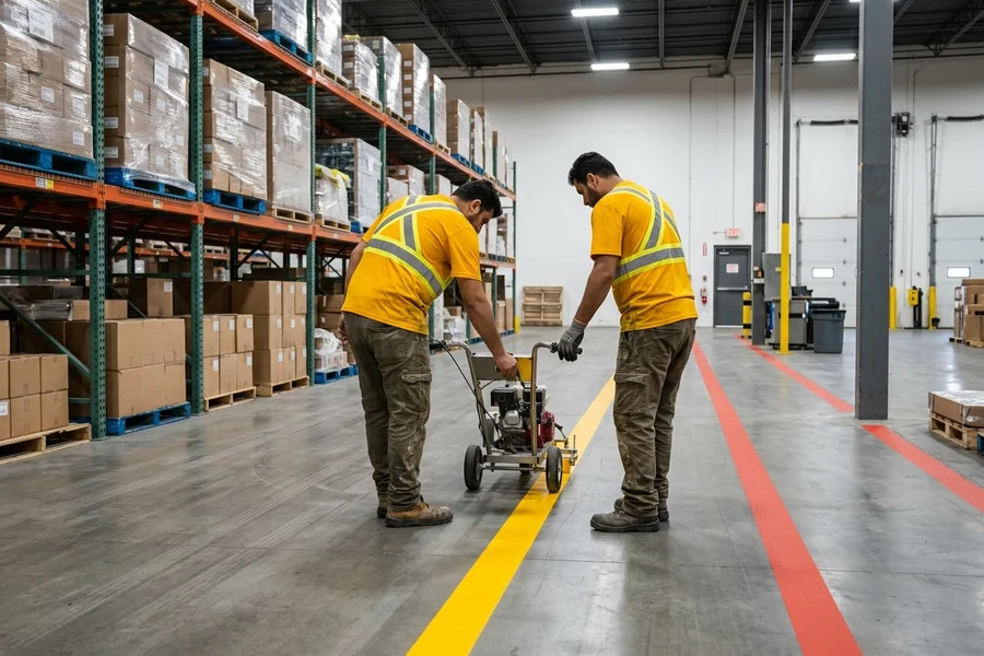 Crew applying thermoplastic forklift lane marking on a Scarborough warehouse floor