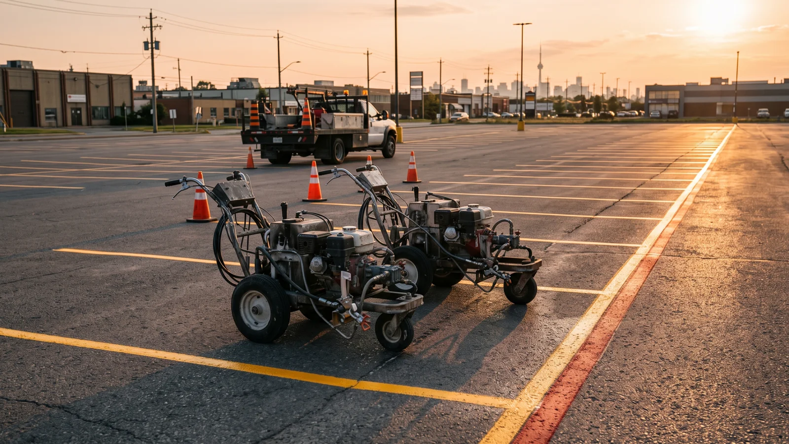 Line striping in Toronto: two Graco LineLazer stripers on a freshly striped lot