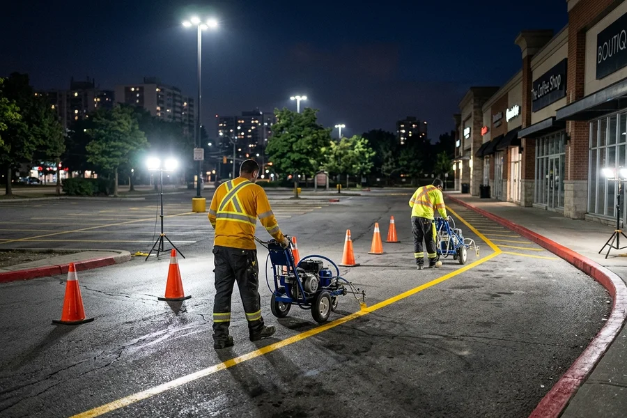 Overnight shopping plaza restripe in Yorkville with Graco LineLazer 3900 rigs