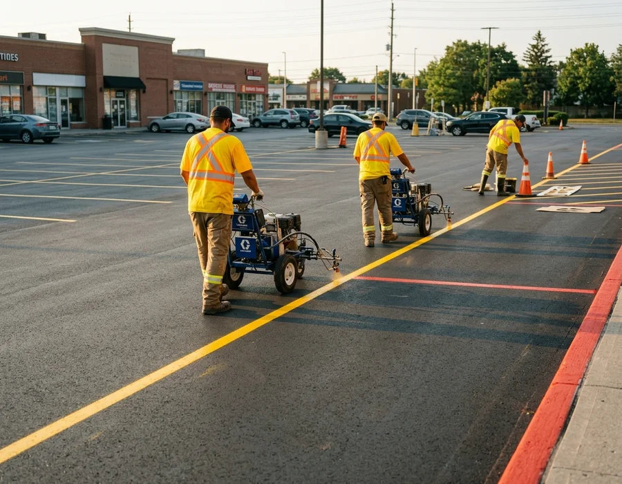 Line Painting Toronto crew operating Graco LineLazer rigs on a plaza lot